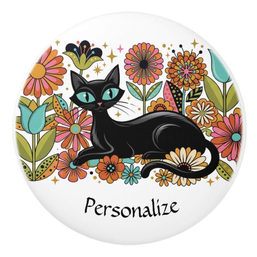 Persoonlijke Retro Zwarte Kat Bloemaccent Keramische Knop (Voorkant)