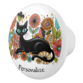 Persoonlijke Retro Zwarte Kat Bloemaccent Keramische Knop (Rechts)