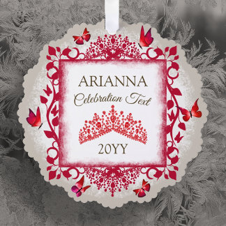Persoonlijke robijnrode tiara en vlinders ornament kaart