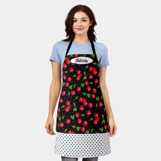 Persoonlijke Rockabilly Stippen & Rode Kersen Schort (Gedragen)