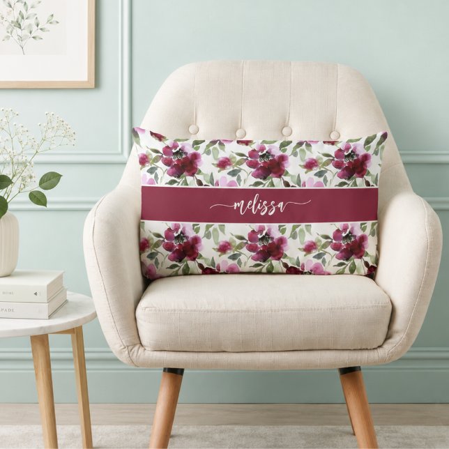 Persoonlijke rode bloem kussen (personalized burgundy red floral lumbar pillow with custom name monogram)