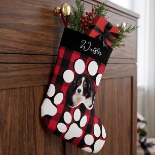 Persoonlijke Rode Buffalo Plaid Foto van Hond of K Kleine Kerstsok