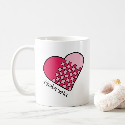 Persoonlijke rode en roze geweven hart Doodle mok (Met donut)