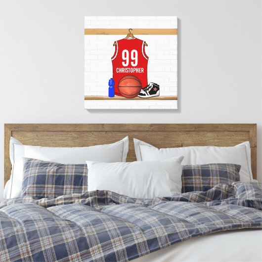 Persoonlijke Rode en Witte Basketball Jersey Canvas Afdruk (Insitu (Slaapkamer))