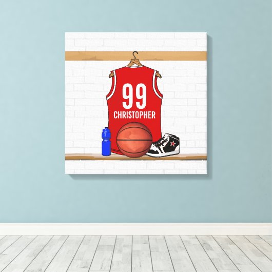 Persoonlijke Rode en Witte Basketball Jersey Canvas Afdruk (Insitu (Houten vloer))