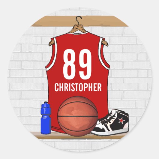 Persoonlijke Rode en Witte Basketball Jersey Ronde Sticker (Voorkant)