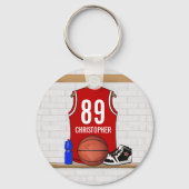 Persoonlijke Rode en Witte Basketball Jersey Sleutelhanger (Voorkant)