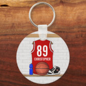 Persoonlijke Rode en Witte Basketball Jersey Sleutelhanger (Voorkant)
