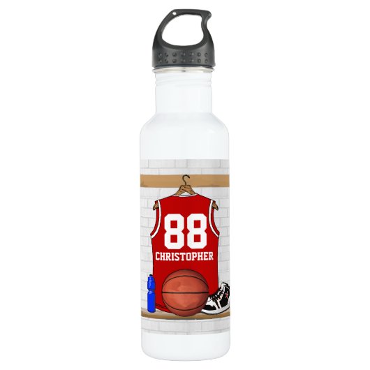 Persoonlijke Rode en Witte Basketball Jersey Waterfles (Voorkant)