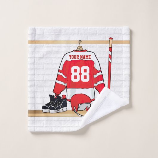 Persoonlijke Rode en Witte Ice Hockey Jersey Bad Handdoek (Wasdoekje)