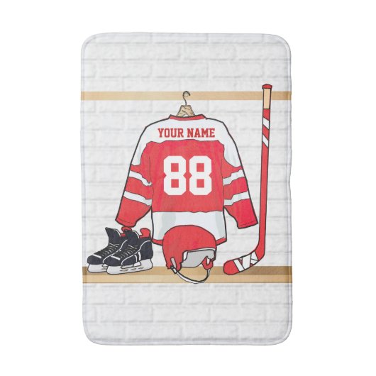 Persoonlijke Rode en Witte Ice Hockey Jersey Badmat (Voorkant Verticaal)