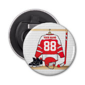 Persoonlijke Rode en Witte Ice Hockey Jersey Button Flesopener (Voorkant)