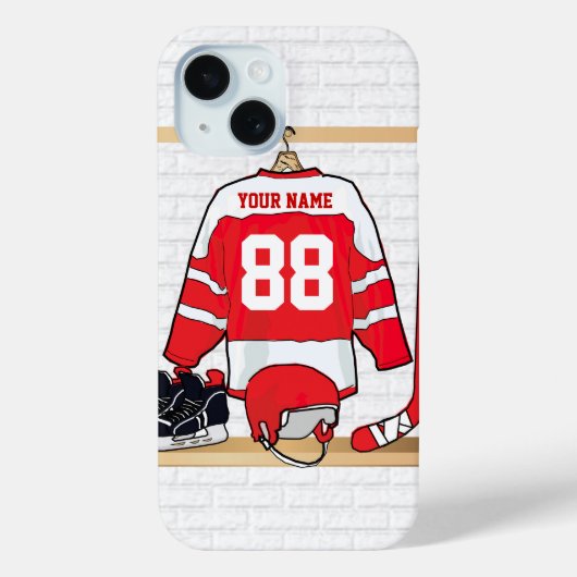 Persoonlijke Rode en Witte Ice Hockey Jersey Case-Mate iPhone Case (Achterkant)