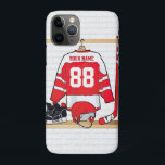 Persoonlijke Rode en Witte Ice Hockey Jersey Case-Mate iPhone Case<br><div class="desc">Een uniek en leuk sportdesign met een persoonlijke ijshockeytrui die in een kleedkamer met een helm, ijs en een hockeystick hangt. De truc kan volledig gepersonaliseerd zijn met het nummer en de naam van je keuze om een geweldig cadeau te doen voor elke ijshockeyfan, ijshockeycoach of ijshockeyspeler. Andere kleuren beschikbaar...</div>