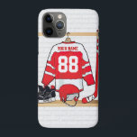 Persoonlijke Rode en Witte Ice Hockey Jersey Case-Mate iPhone Case<br><div class="desc">Een uniek en leuk sportdesign met een persoonlijke ijshockeytrui die in een kleedkamer met een helm, ijs en een hockeystick hangt. De truc kan volledig gepersonaliseerd zijn met het nummer en de naam van je keuze om een geweldig cadeau te doen voor elke ijshockeyfan, ijshockeycoach of ijshockeyspeler. Andere kleuren beschikbaar...</div>