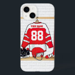 Persoonlijke Rode en Witte Ice Hockey Jersey Case-Mate iPhone Case<br><div class="desc">Een uniek en leuk sportdesign met een persoonlijke ijshockeytrui die in een kleedkamer met een helm, ijs en een hockeystick hangt. De truc kan volledig gepersonaliseerd zijn met het nummer en de naam van je keuze om een geweldig cadeau te doen voor elke ijshockeyfan, ijshockeycoach of ijshockeyspeler. Andere kleuren beschikbaar...</div>