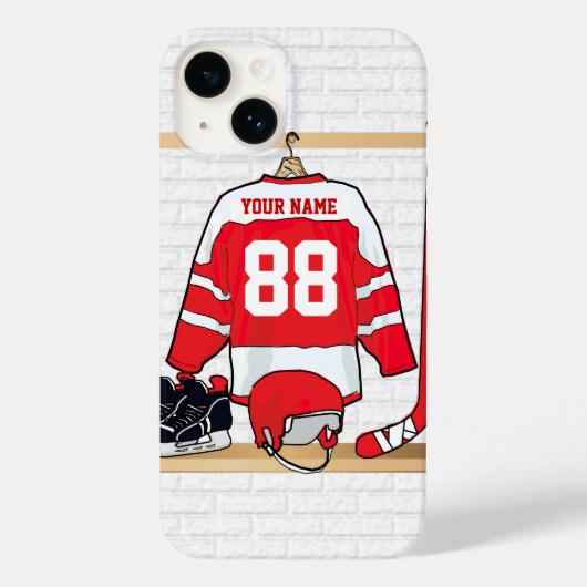 Persoonlijke Rode en Witte Ice Hockey Jersey Case-Mate iPhone Case (Achterkant)