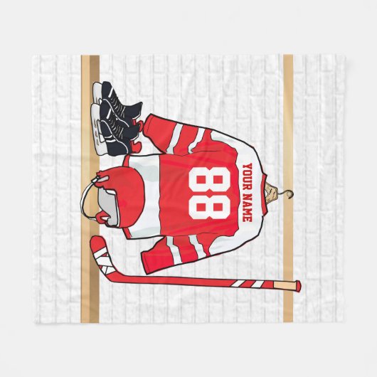 Persoonlijke Rode en Witte Ice Hockey Jersey Fleece Deken (Voorkant (Horizontaal))