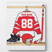 Persoonlijke Rode en Witte Ice Hockey Jersey Fotoplaat (Voorkant)