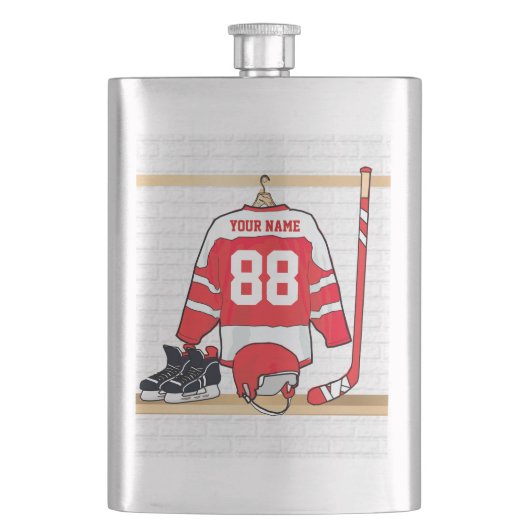 Persoonlijke Rode en Witte Ice Hockey Jersey Heupfles (Voorkant)