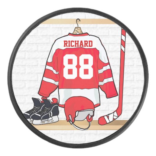 Persoonlijke Rode en Witte Ice Hockey Jersey Hockey Puck (Voorkant)