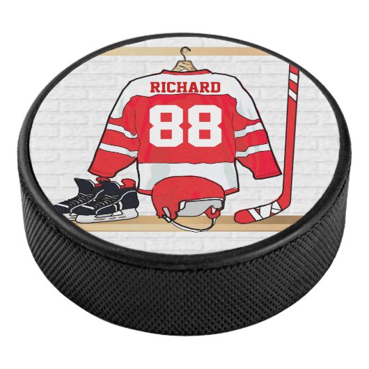 Persoonlijke Rode en Witte Ice Hockey Jersey Hockey Puck (3/4)