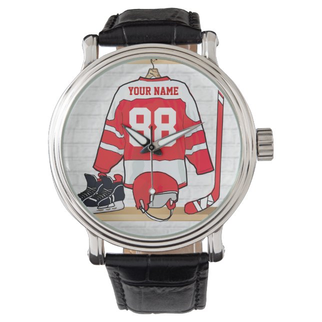 Persoonlijke Rode en Witte Ice Hockey Jersey Horloge (Voorkant)