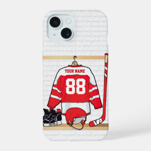 Persoonlijke Rode en Witte Ice Hockey Jersey iPhone 15 Case