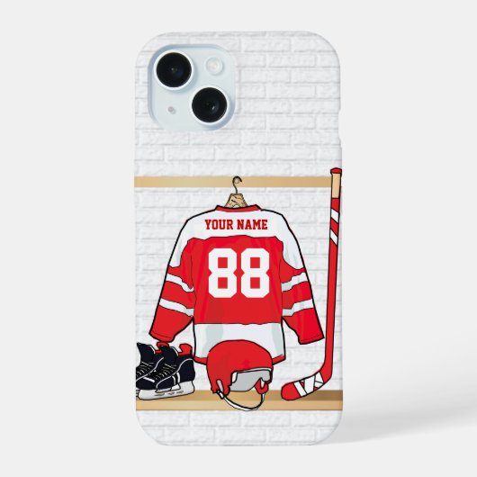 Persoonlijke Rode en Witte Ice Hockey Jersey iPhone 15 Case (Achterkant)