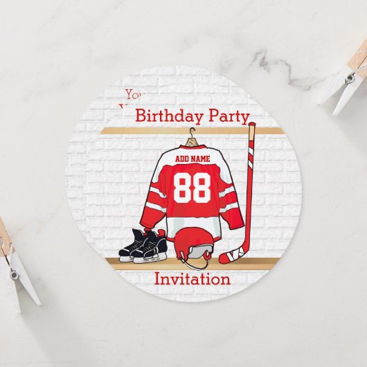 Persoonlijke Rode en Witte Ice Hockey Jersey Kaart (Voorkant / Achterkant in situ)