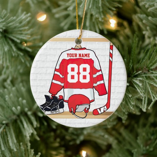 Persoonlijke Rode en Witte Ice Hockey Jersey Keramisch Ornament (Boom)