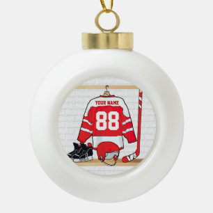 Persoonlijke Rode en Witte Ice Hockey Jersey Keramische Bal Ornament