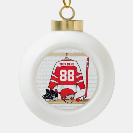 Persoonlijke Rode en Witte Ice Hockey Jersey Keramische Bal Ornament (Voorkant)