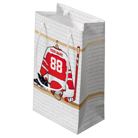 Persoonlijke Rode en Witte Ice Hockey Jersey Klein Cadeauzakje (Achterkant Gekanteld)
