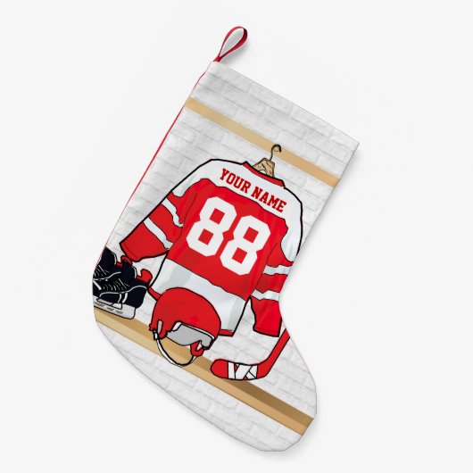 Persoonlijke Rode en Witte Ice Hockey Jersey Kleine Kerstsok (Voorkant (Hangend))