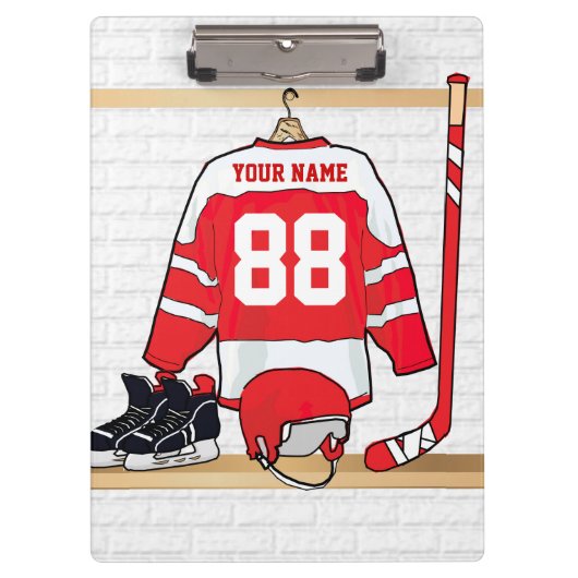 Persoonlijke Rode en Witte Ice Hockey Jersey Klembord (Voorkant)
