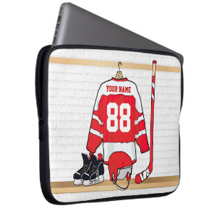 Persoonlijke Rode en Witte Ice Hockey Jersey Laptop Sleeve