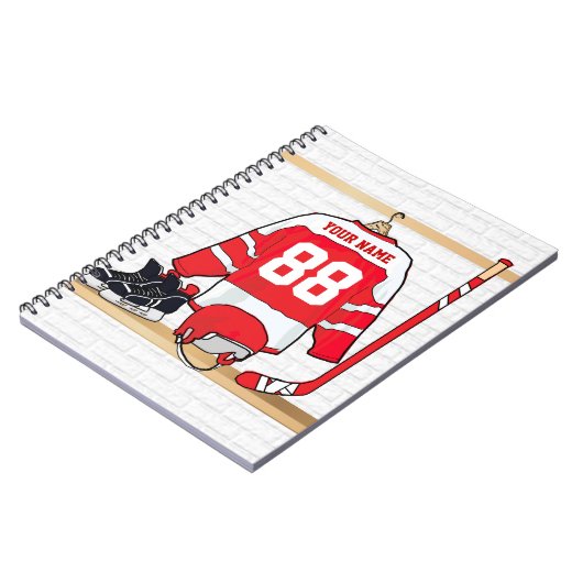 Persoonlijke Rode en Witte Ice Hockey Jersey Notitieboek (Linkerzijde)