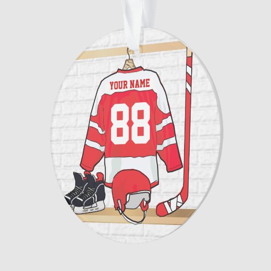 Persoonlijke Rode en Witte Ice Hockey Jersey Ornament (voorkant)