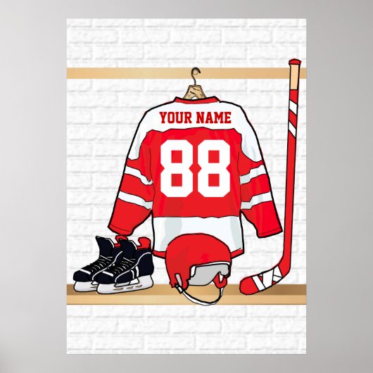 Persoonlijke Rode en Witte Ice Hockey Jersey Poster (Voorkant)