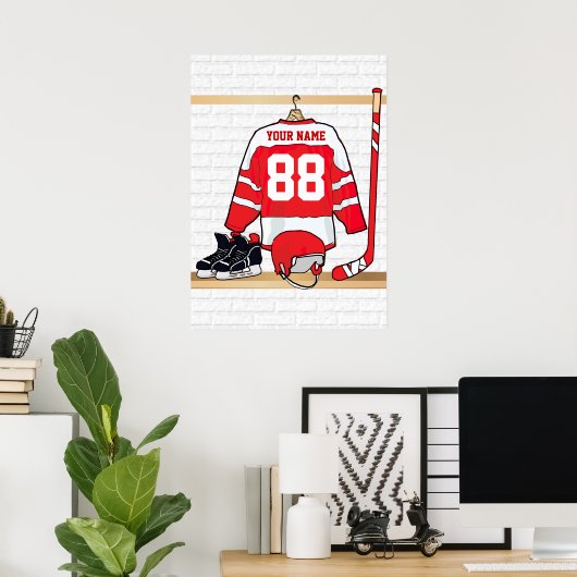 Persoonlijke Rode en Witte Ice Hockey Jersey Poster (Thuiskantoor)