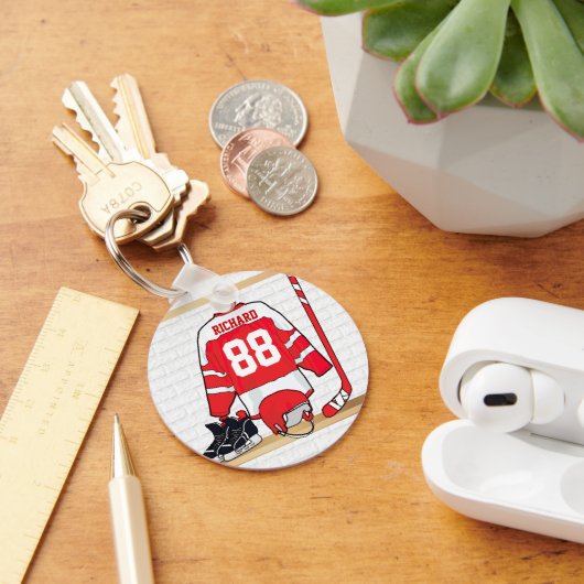 Persoonlijke Rode en Witte Ice Hockey Jersey Sleutelhanger (Bureau)