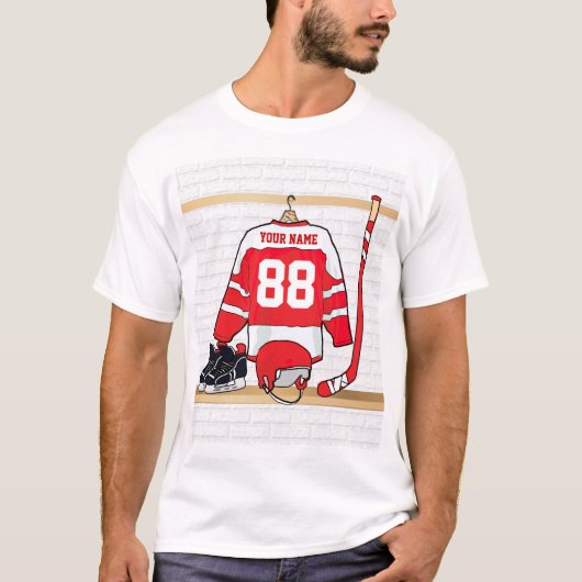 Persoonlijke Rode en Witte Ice Hockey Jersey T-shirt (Voorkant)