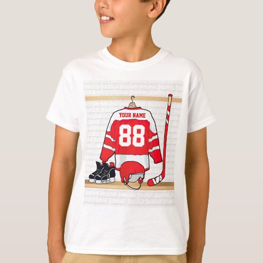 Persoonlijke Rode en Witte Ice Hockey Jersey T-shirt (Voorkant)
