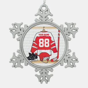 Persoonlijke Rode en Witte Ice Hockey Jersey Tin Sneeuwvlok Ornament