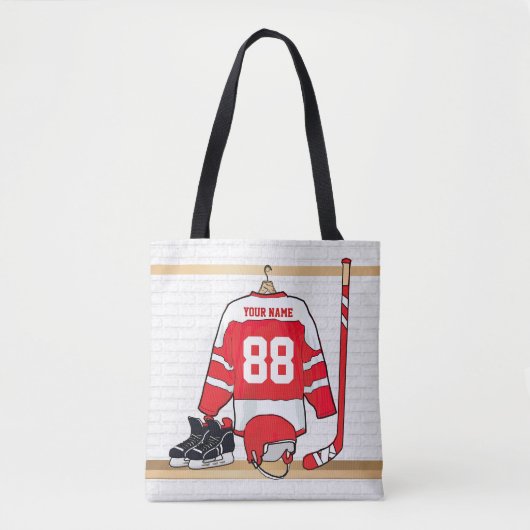 Persoonlijke Rode en Witte Ice Hockey Jersey Tote Bag (Voorkant)