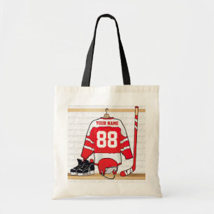 Persoonlijke Rode en Witte Ice Hockey Jersey Tote Bag