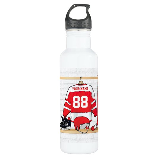 Persoonlijke Rode en Witte Ice Hockey Jersey Waterfles (Voorkant)