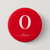 Persoonlijke rode en witte monogram naam ronde button 5,7 cm (Voorkant)