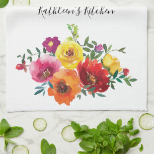 Persoonlijke Rode Gele Roze Aquarel Bloemen Theedoek